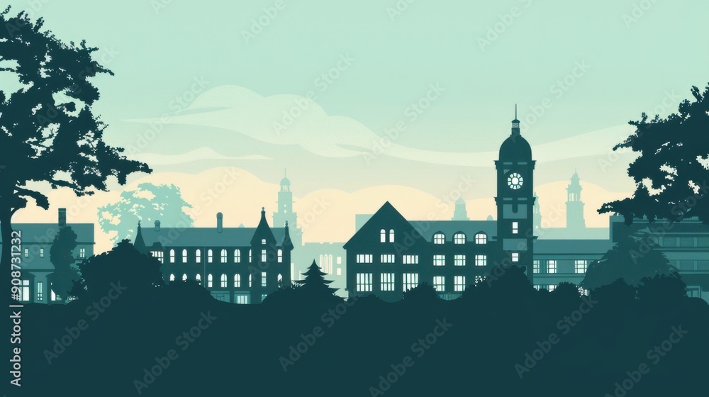 Minimalism illustration, silhouette of a university campus with buildings and a clock tower, flat illustration on soft mint background, empty copy space, lofi style illustration Minimalism illustration, silhouette of a university campus with buildings and a clock tower, flat illustration on soft mint background, empty copy space, lofi style illustration