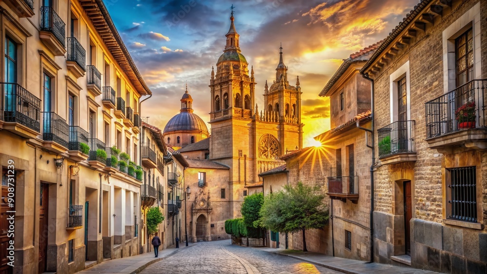 Fototapeta premium Ancient cathedral rises above quaint old town streets in a charming Spanish city, warm sunlight casting a golden glow on historic architecture.