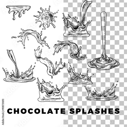 Hand drawn vector liquid splashes, drops, droplets, falling, juice. Easy to edit and use vector food assets. Black outline, no fill, with fine details. Could be milk, chocolate, juice, water.