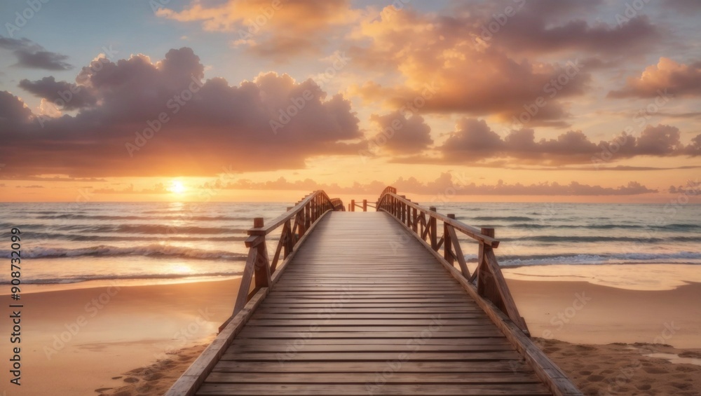 Wooden bridge to the beach during sunset Wooden bridge to the beach during sunset