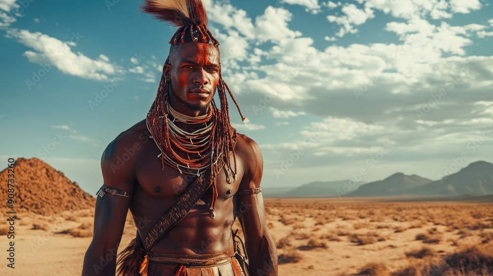 A Himba man stands confidently, adorned in traditional body paint and attire, against a stunning desert backdrop, showcasing his cultural heritage A Himba man stands confidently, adorned in traditional body paint and attire, against a stunning desert backdrop, showcasing his cultural heritage