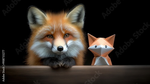 Wallpaper Mural A realistic red fox poses beside a charming origami fox, showcasing nature's beauty and creativity in one captivating frame. Torontodigital.ca