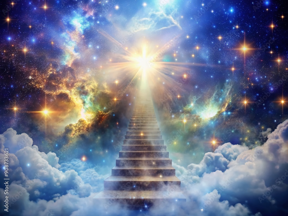 Naklejka premium Celestial staircase of shimmering stardust ascends to ethereal realms, vanishing into radiant clouds, as heavenly light beams illuminate the path to mystical dimensions.