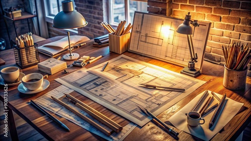 Detailed blueprints and sketches are meticulously spread out on a modern wooden desk, surrounded by drafting tools and pencils, under a warm studio light. photo