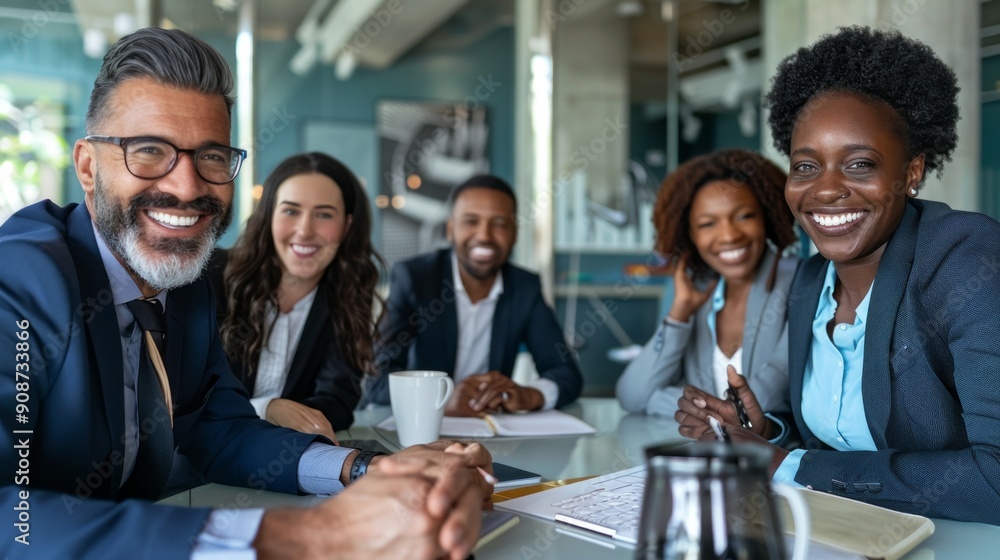 A group of people are smiling and sitting around a table A group of people are smiling and sitting around a table