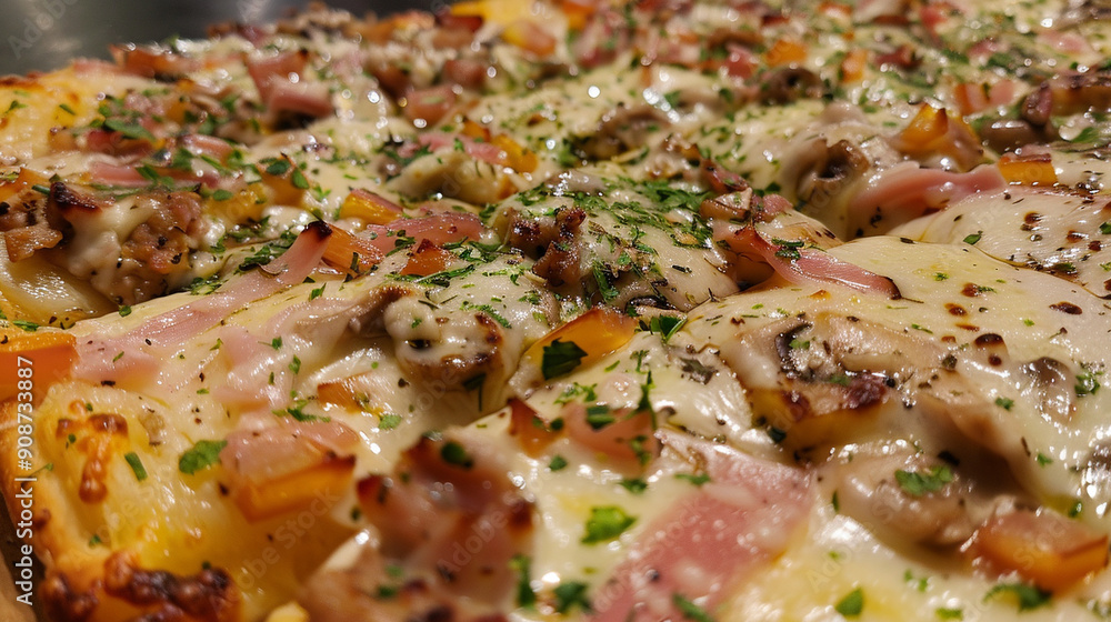 Close-up of the surface of a pizza with detailed toppings and melted cheese Close-up of the surface of a pizza with detailed toppings and melted cheese