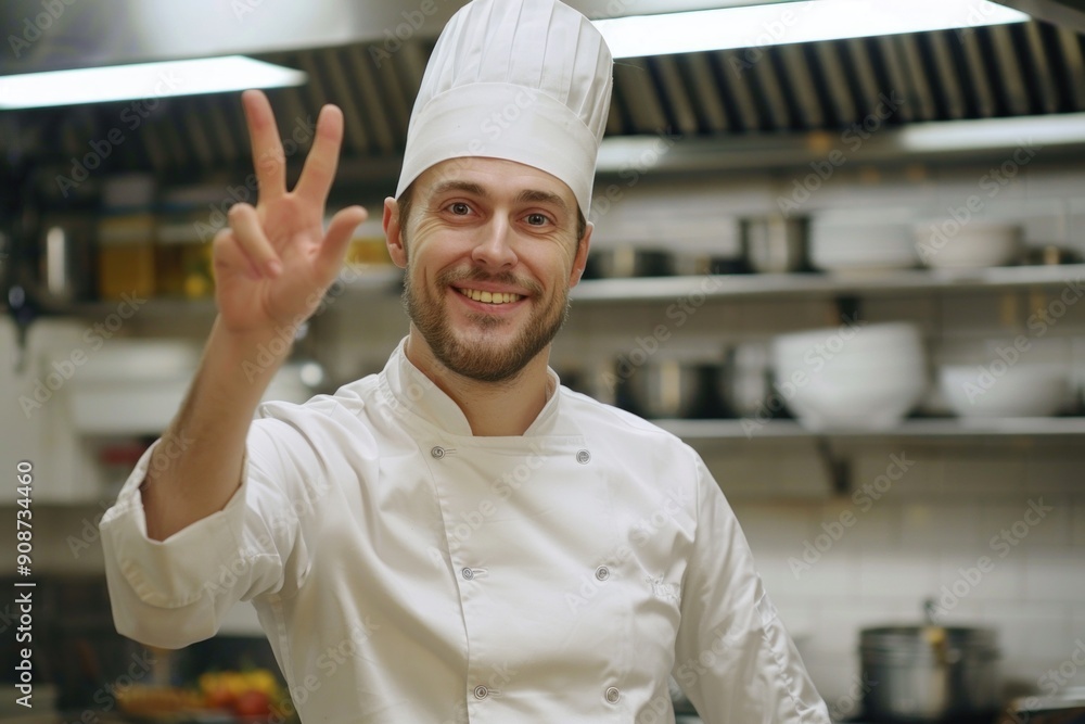 Professional chef gesturing three in restaurant kitchen Professional chef gesturing three in restaurant kitchen