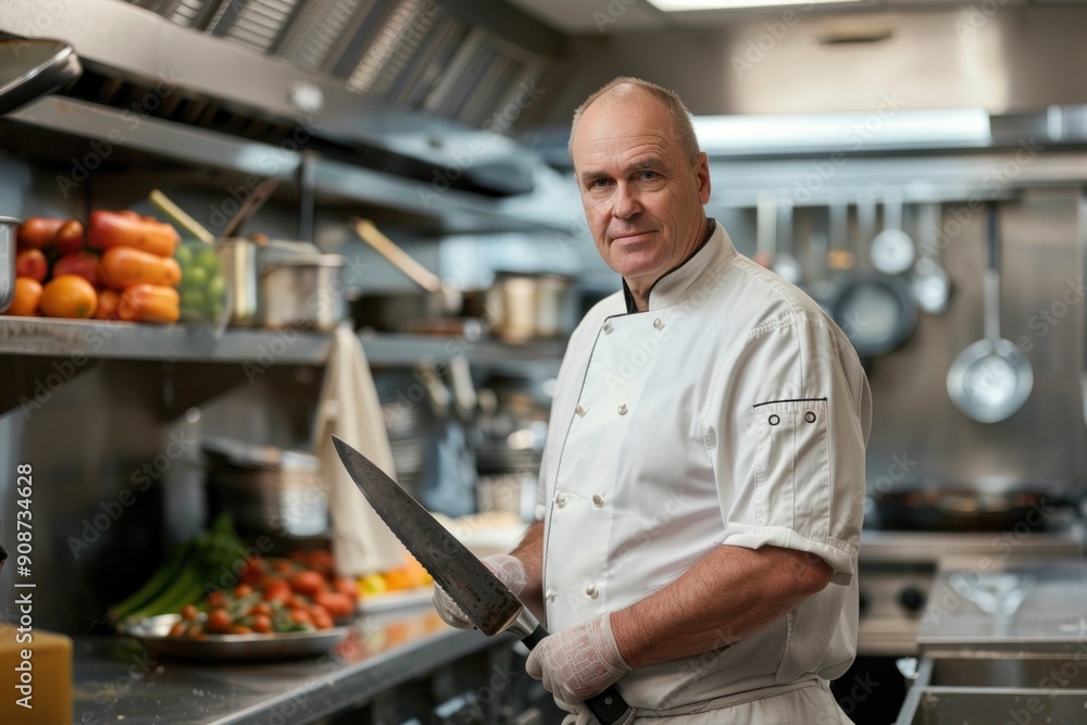 Professional chef holding a knife in a commercial kitchen Professional chef holding a knife in a commercial kitchen