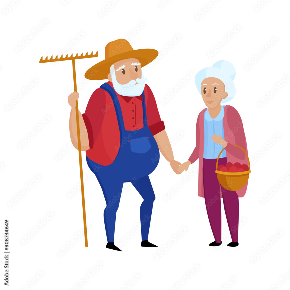 Happy old couple of farmers, grandfather holding rake, grandmother with basket vector illustration Happy old couple of farmers, grandfather holding rake, grandmother with basket vector illustration