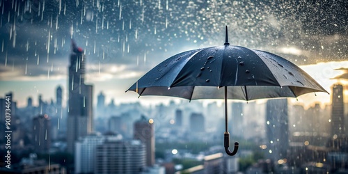 solitary black umbrella stands and rainy background, radiant against urben city. photo