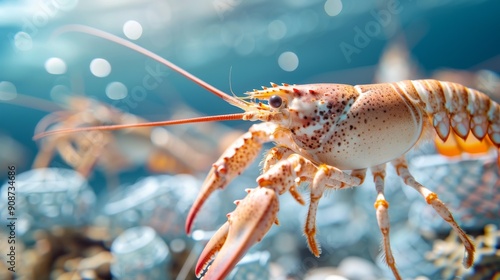 A close-up of a vibrant lobster in its underwater habitat, showcasing intricate details and colors in a serene marine environment. photo