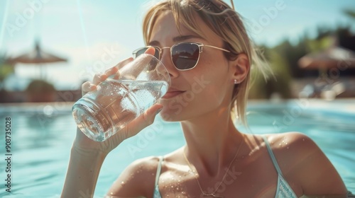 A woman enjoys a cool drink while lounging in a pool on a sunny day photo