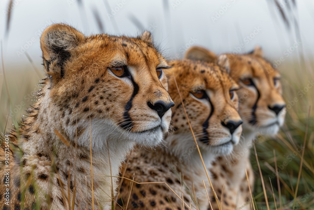 Three Cheetahs in Grass  One in Focus  Looking Forward