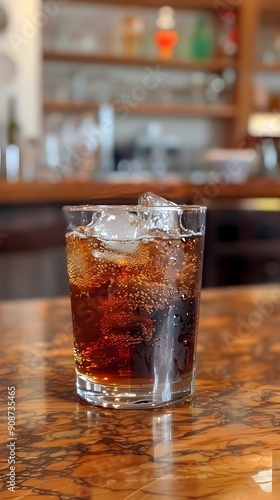 Close up of a Glass of Chilled Soda with Ice Cubes on a Wooden Table Surface