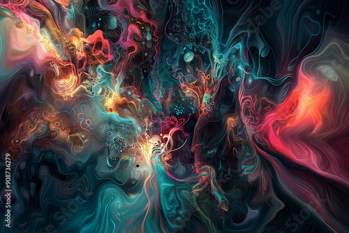 A dynamic organic abstract design showcasing bioluminescent-like colors with intricate patterns of blues, reds, and oranges, blending together to create a vivid and mesmerizing visual experience.