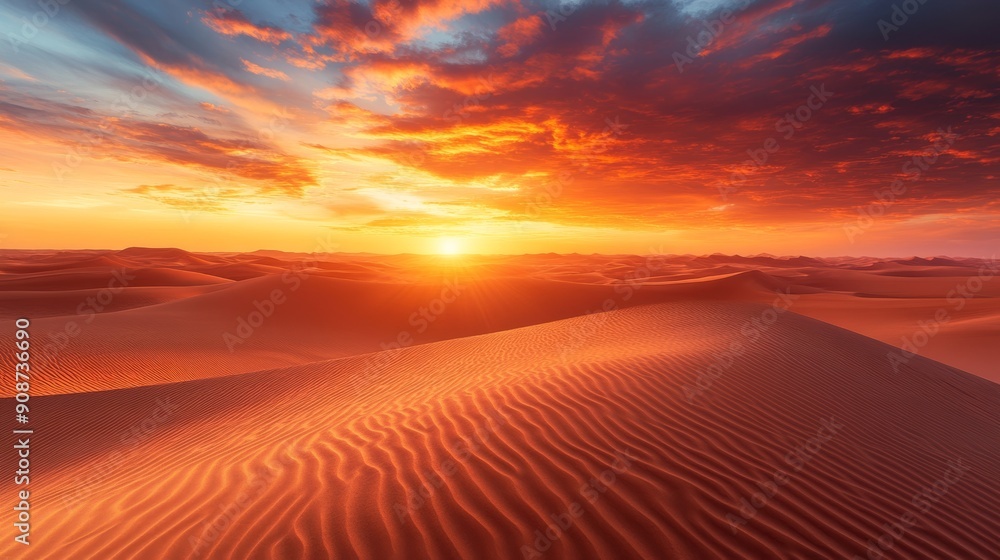 Tranquil View of Vast Desert with Rolling Sand Dunes Under Golden Sunset, Sky Ablaze with Warm Colors Creating Endless Beauty Tranquil View of Vast Desert with Rolling Sand Dunes Under Golden Sunset, Sky Ablaze with Warm Colors Creating Endless Beauty