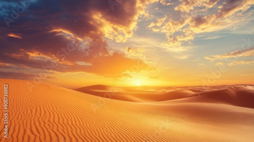 Tranquil View of Vast Desert with Rolling Sand Dunes Under Golden Sunset, Sky Ablaze with Warm Colors Creating Endless Beauty