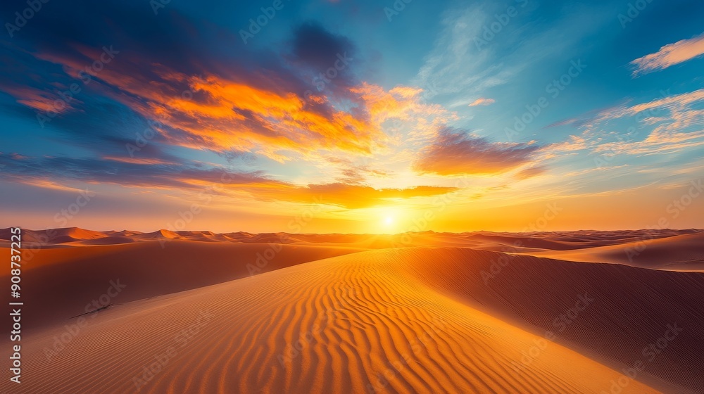 Tranquil View of Vast Desert with Rolling Sand Dunes Under Golden Sunset, Sky Ablaze with Warm Colors Creating Endless Beauty Tranquil View of Vast Desert with Rolling Sand Dunes Under Golden Sunset, Sky Ablaze with Warm Colors Creating Endless Beauty