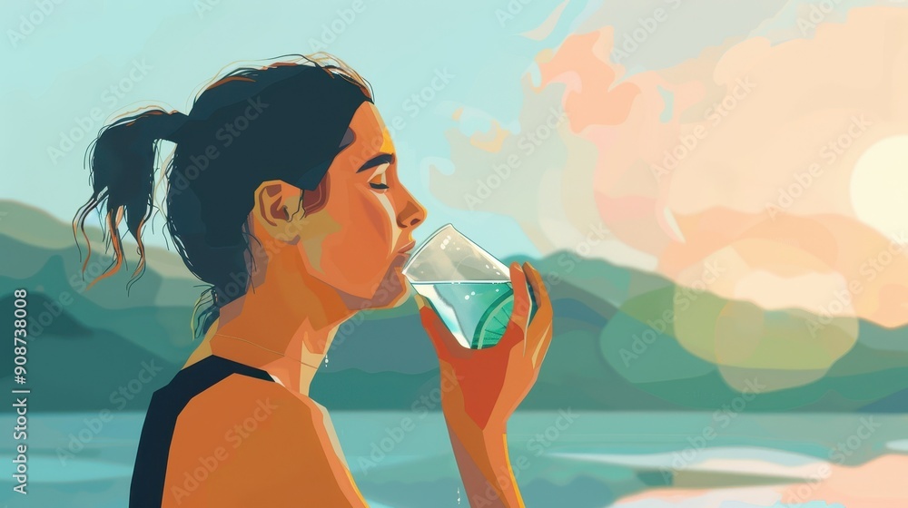 A young woman sips water while admiring the tranquil lake under a beautiful sunset A young woman sips water while admiring the tranquil lake under a beautiful sunset