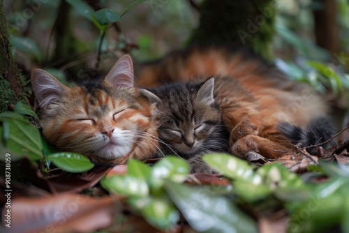 Two Kittens Sleeping Nestled in Lush Foliage photo