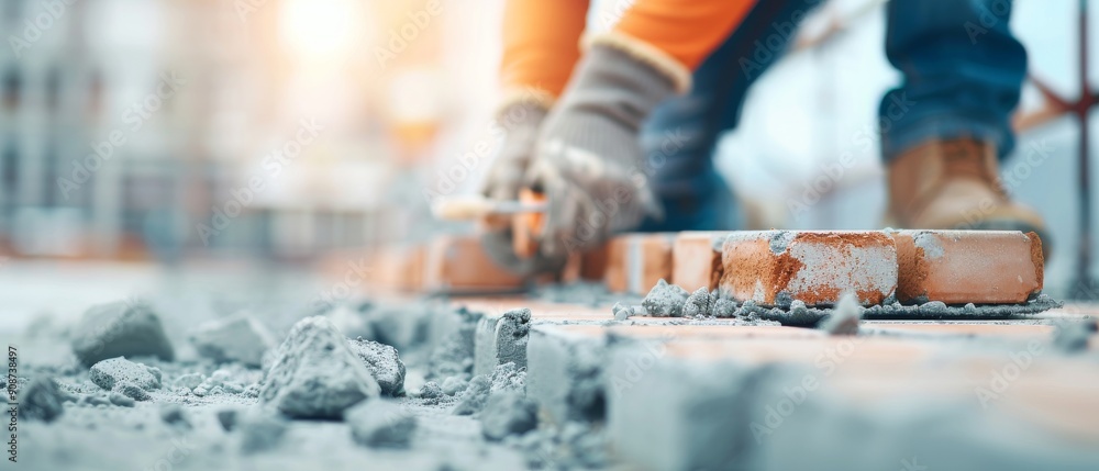A construction worker skillfully laying bricks on a building site, showcasing craftsmanship and dedication to quality. A construction worker skillfully laying bricks on a building site, showcasing craftsmanship and dedication to quality.