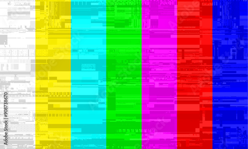 Old TV test pattern colorful stripes damaged by glitches, banding and grain noise effects