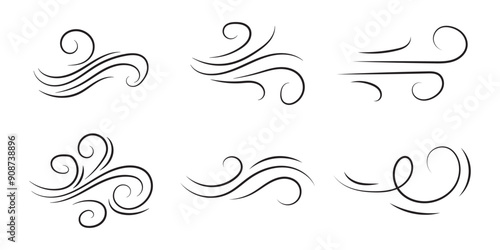 Doodle wind line sketch set. Hand drawn doodle wind motion, air blow, swirl elements. Sketch drawn air blow motion, smoke flow art, abstract line. Vector illustration. Isolated on white background