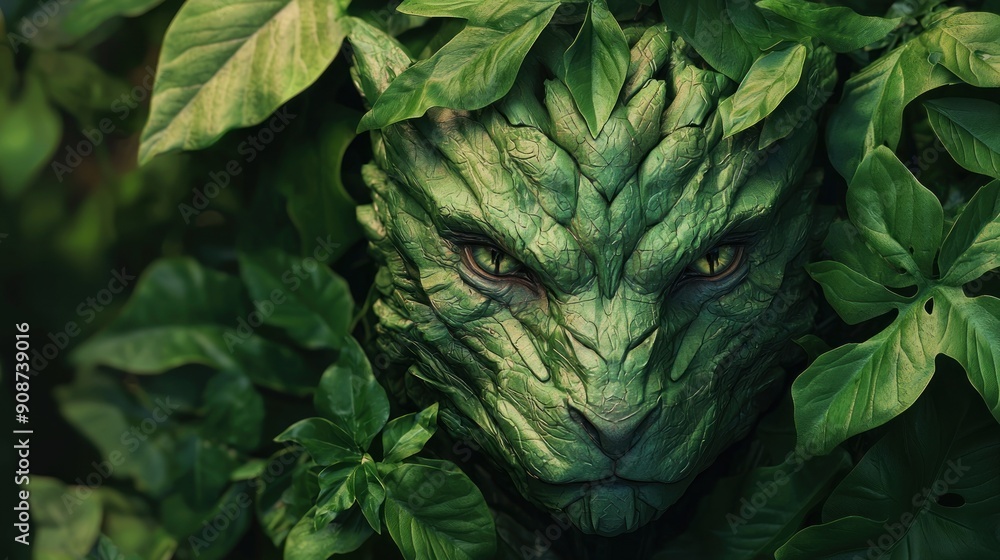 Fototapeta premium Photorealistic painting of a mythical creature in a lush forest, merging fantasy with wildlife adventure, imaginative journey