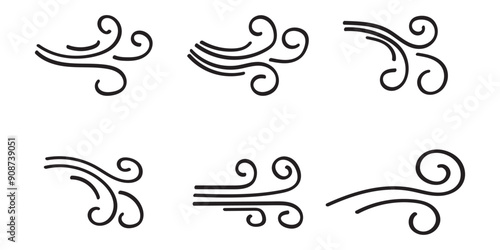 Doodle wind line sketch set. Hand drawn doodle wind motion, air blow, swirl elements. Sketch drawn air blow motion, smoke flow art, abstract line. Vector illustration. Isolated on white background