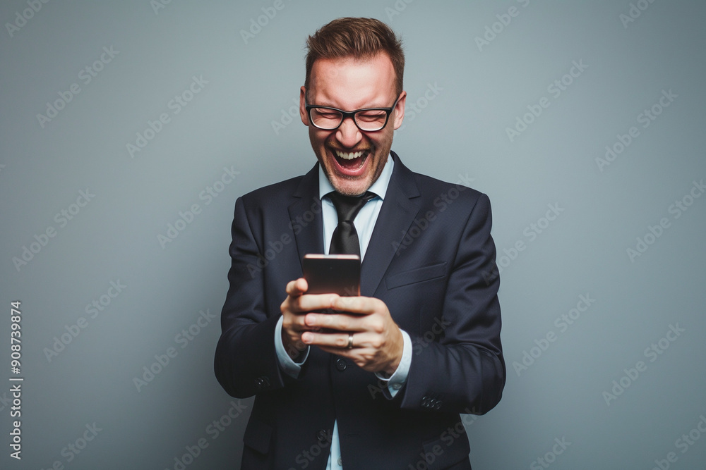Weißer Geschäftsmann mit Brille freut sich über etwas auf seinem Telefon Weißer Geschäftsmann mit Brille freut sich über etwas auf seinem Telefon