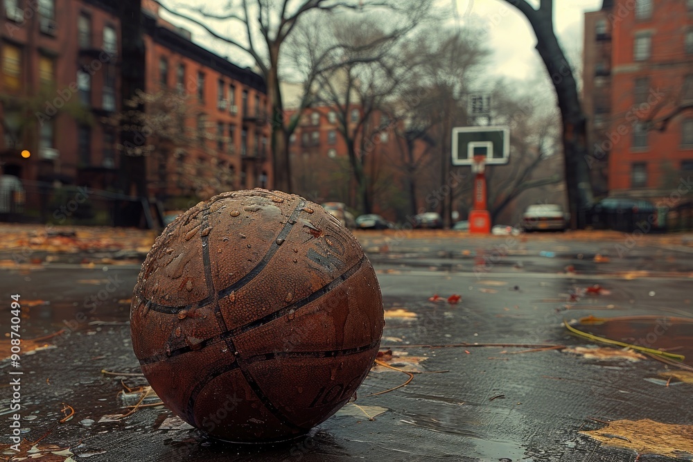 Wet Basketball on a City Street in Autumn Wet Basketball on a City Street in Autumn