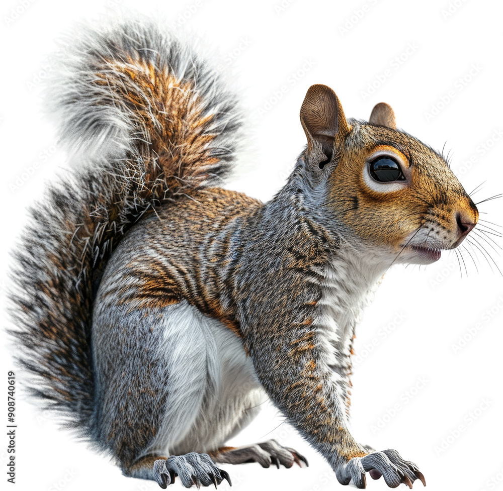 Close-up of a cute squirrel with bushy tail and grey fur, sitting on the ground. Perfect for nature, wildlife, and animal themes. Close-up of a cute squirrel with bushy tail and grey fur, sitting on the ground. Perfect for nature, wildlife, and animal themes.