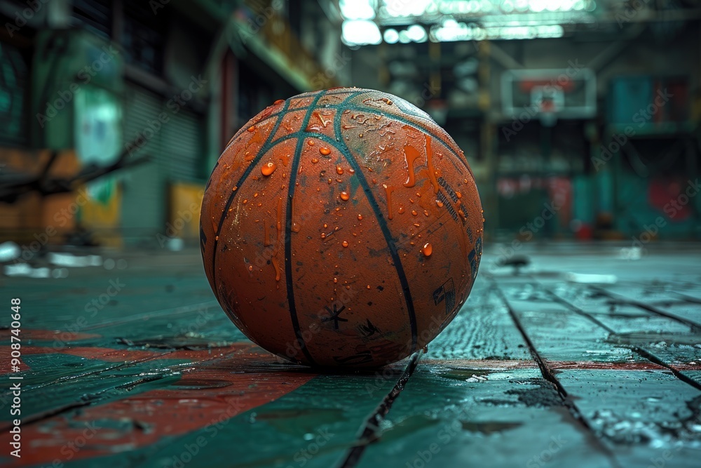 Wet Basketball on a Worn Down Court Wet Basketball on a Worn Down Court