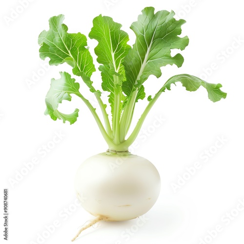 A photo of a white turnip with green leaves on a white background. photo