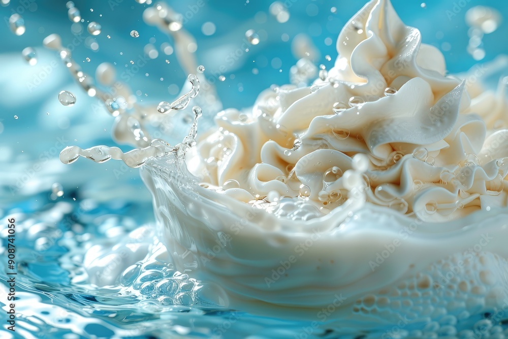 Whipped Cream Splashing in Blue Water Whipped Cream Splashing in Blue Water