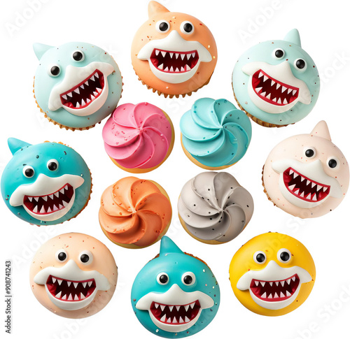 Colorful shark-themed cupcakes arranged in a circle, showcasing creative and fun designs suitable for children's parties or themed events. photo