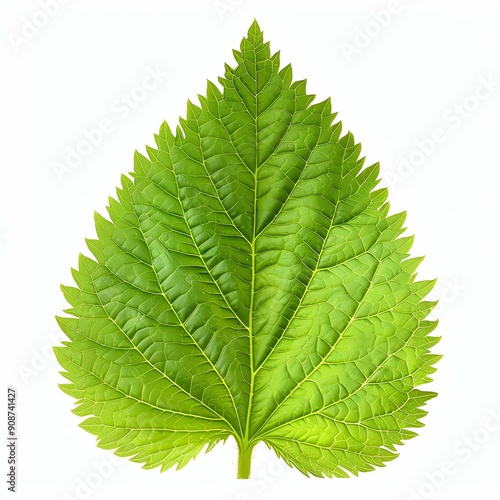 A photograph of a single, green leaf, with serrated edges, isolated against a white background. The leaf is backlit, so that the veins are clearly visible. photo