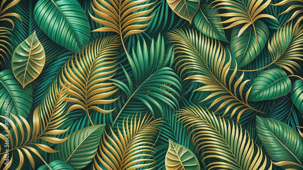 Vibrant green palm leaf pattern with golden accents and soft foliage, perfect for luxury wallpaper, fabric, or art, evoking a sense of jungle summer elegance. Vibrant green palm leaf pattern with golden accents and soft foliage, perfect for luxury wallpaper, fabric, or art, evoking a sense of jungle summer elegance.