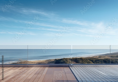 Oceanview Deck, a serene glass platform offering sweeping views of the morning ocean, adorned with light beige and silver accents, embodying minimalist and prairiecore aesthetics. photo