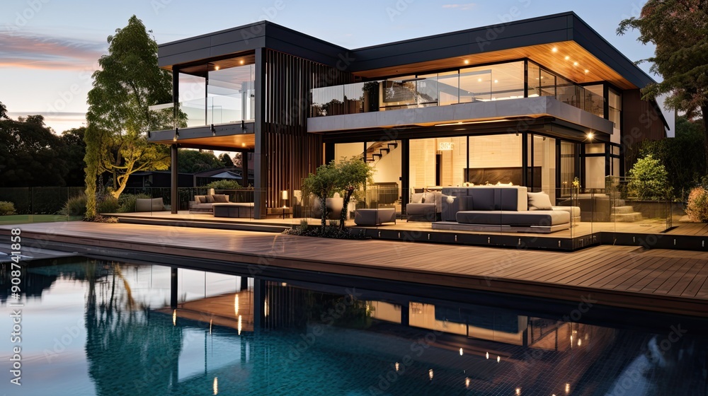 Modern wooden deck and sleek pool house featuring glass railings, set in an urban Australian landscape with ornate architecture and contemporary design elements, panoramic view. Modern wooden deck and sleek pool house featuring glass railings, set in an urban Australian landscape with ornate architecture and contemporary design elements, panoramic view.