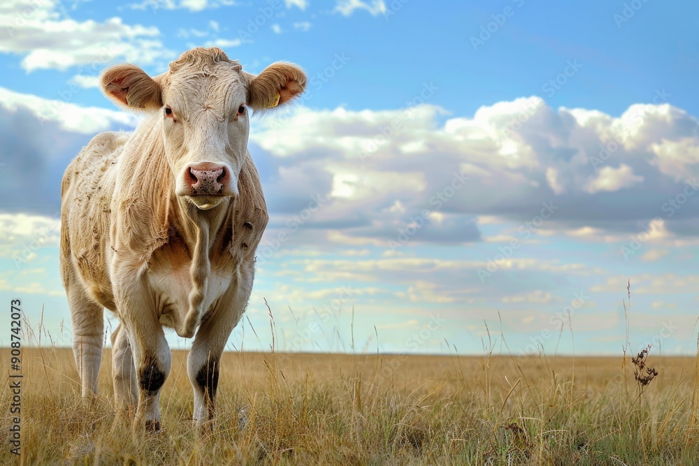 Cattle Background. Single Cow Grazing in Scenic Rural Field Under Blue Sky Cattle Background. Single Cow Grazing in Scenic Rural Field Under Blue Sky