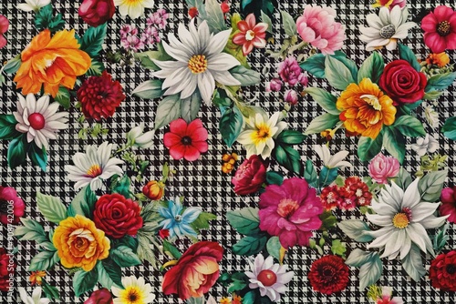 Black and white houndstooth pattern harmoniously blends with vibrant floral elements, creating a visually striking contrast of modern sophistication and whimsical charm.