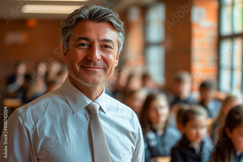 High school teacher smiling while engaging students in classroom setting during afternoon learning period, copy space for text