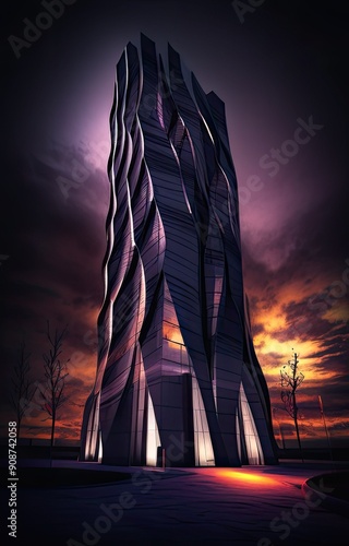 Dusk Tower Elegance, a striking tall tower illuminated at night, showcasing polished surfaces, transavanguardia elements, and contoured shading, creating a captivating silhouette. photo