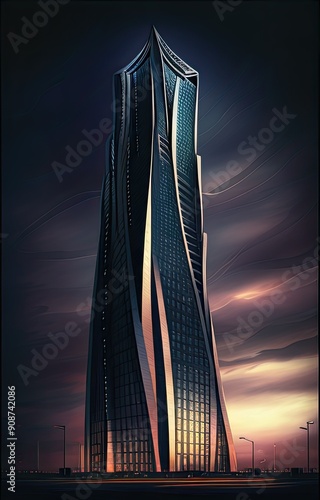 Dusk Illuminated Tower, a sleek high-rise stands against a twilight sky, showcasing polished surfaces, bold contoured shading, and transavanguardia aesthetics, evoking modern grandeur. photo