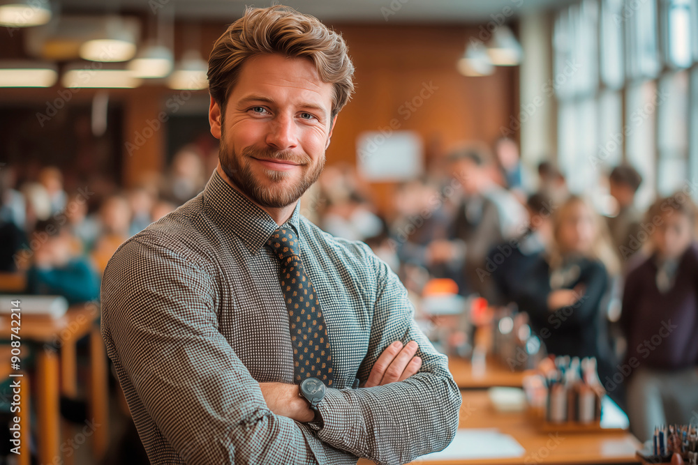 Fototapeta premium Professional educator smiling confidently in busy classroom setting during school hours, copy space for text