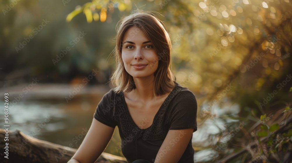 Mature plus size female model with bob hairstyle by river in morning light close up outdoor shot Mature plus size female model with bob hairstyle by river in morning light close up outdoor shot