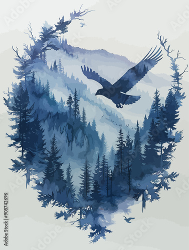 Double Exposure forest inside the silhouetteof a eagle.