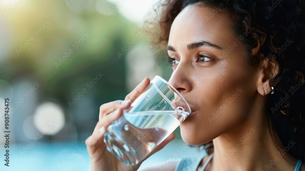 A woman enjoys a refreshing glass of water while basking in warm sunlight outdoors A woman enjoys a refreshing glass of water while basking in warm sunlight outdoors