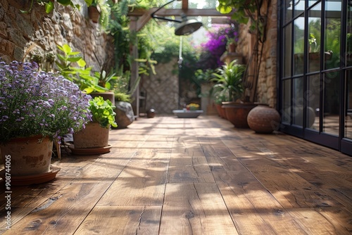 Wooden Flooring With Flower Pot In A Sunlit Patio